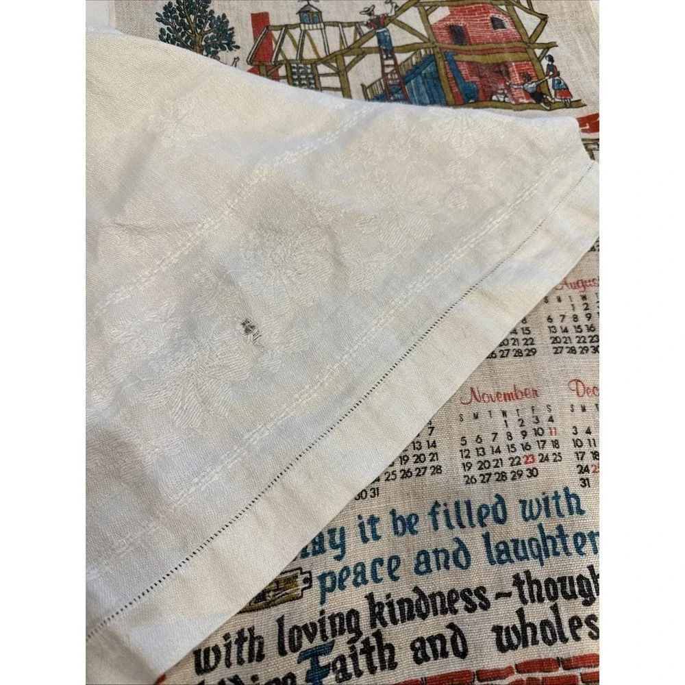 VTG Linen Tea Towels Calendar 1978 Folk Art &‎ 1 Solid Cream Brocade Floral